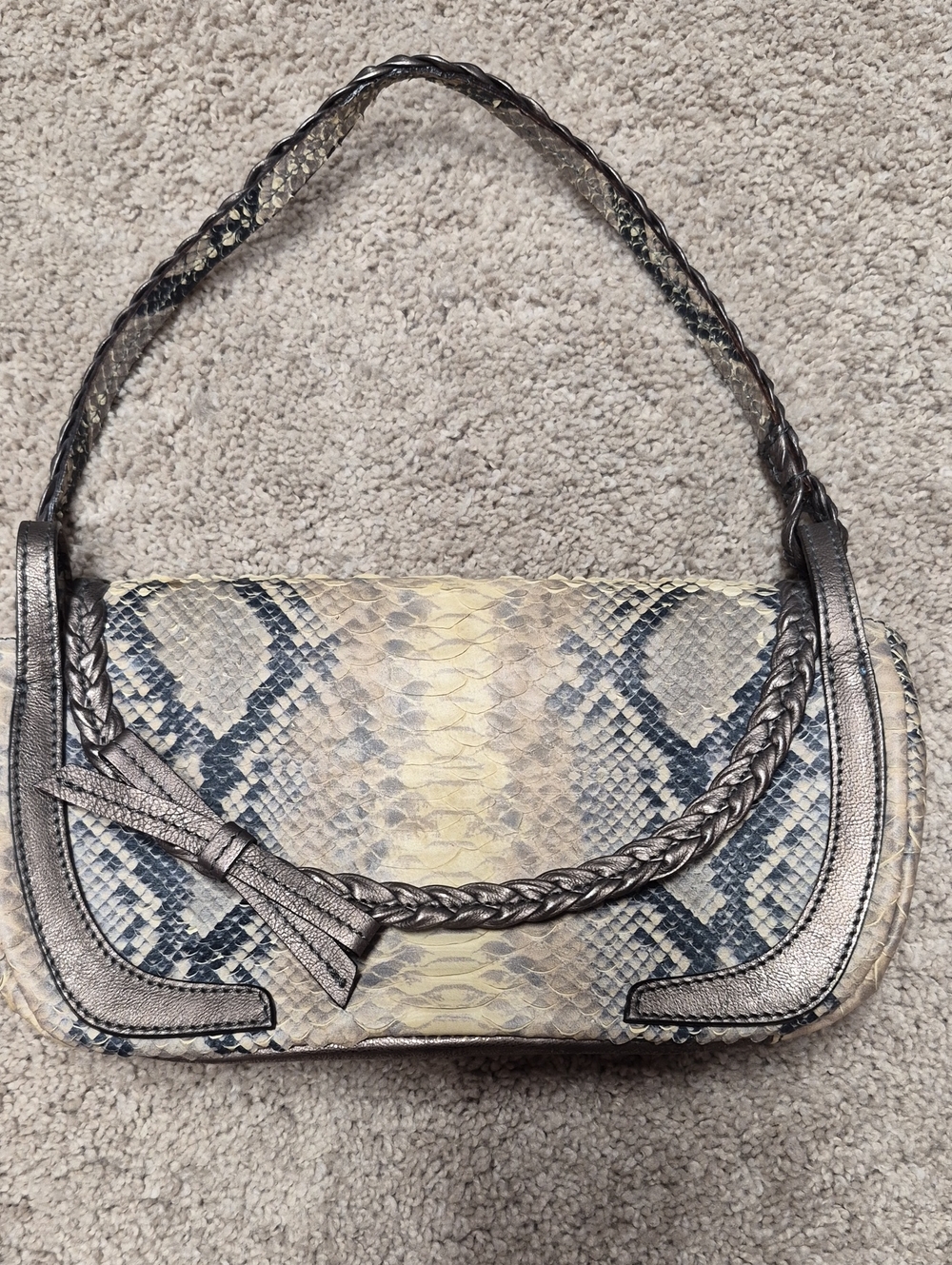 Donald J. Pliner Metallic Snake-Embossed Shoulder Bag in Cream and Gray
